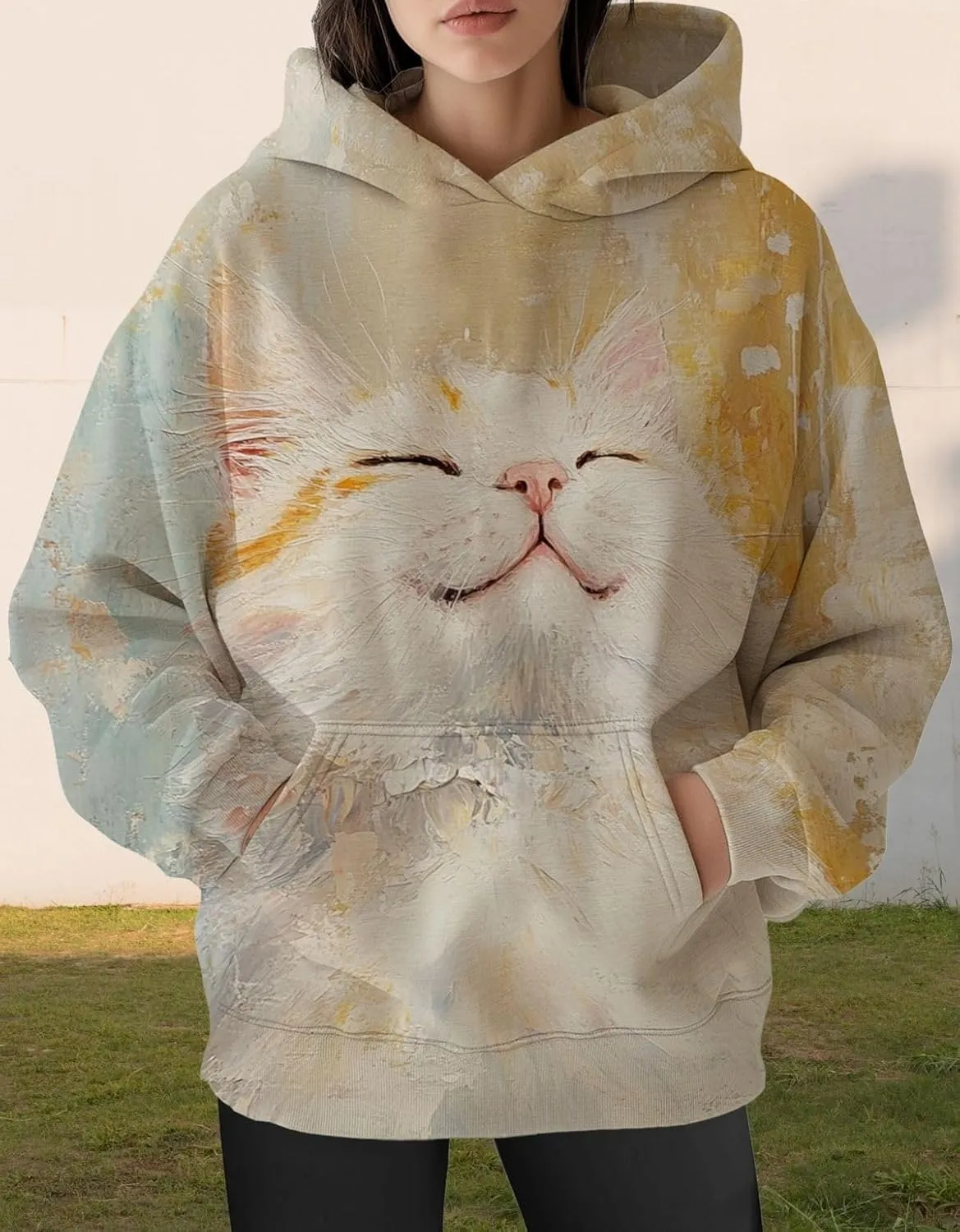 Womens Funny Cat Hoodies Oversized Cute Cat Lovers Printed Hooded Sweatshirt Y2K Fall Pullover Tops with Pockets