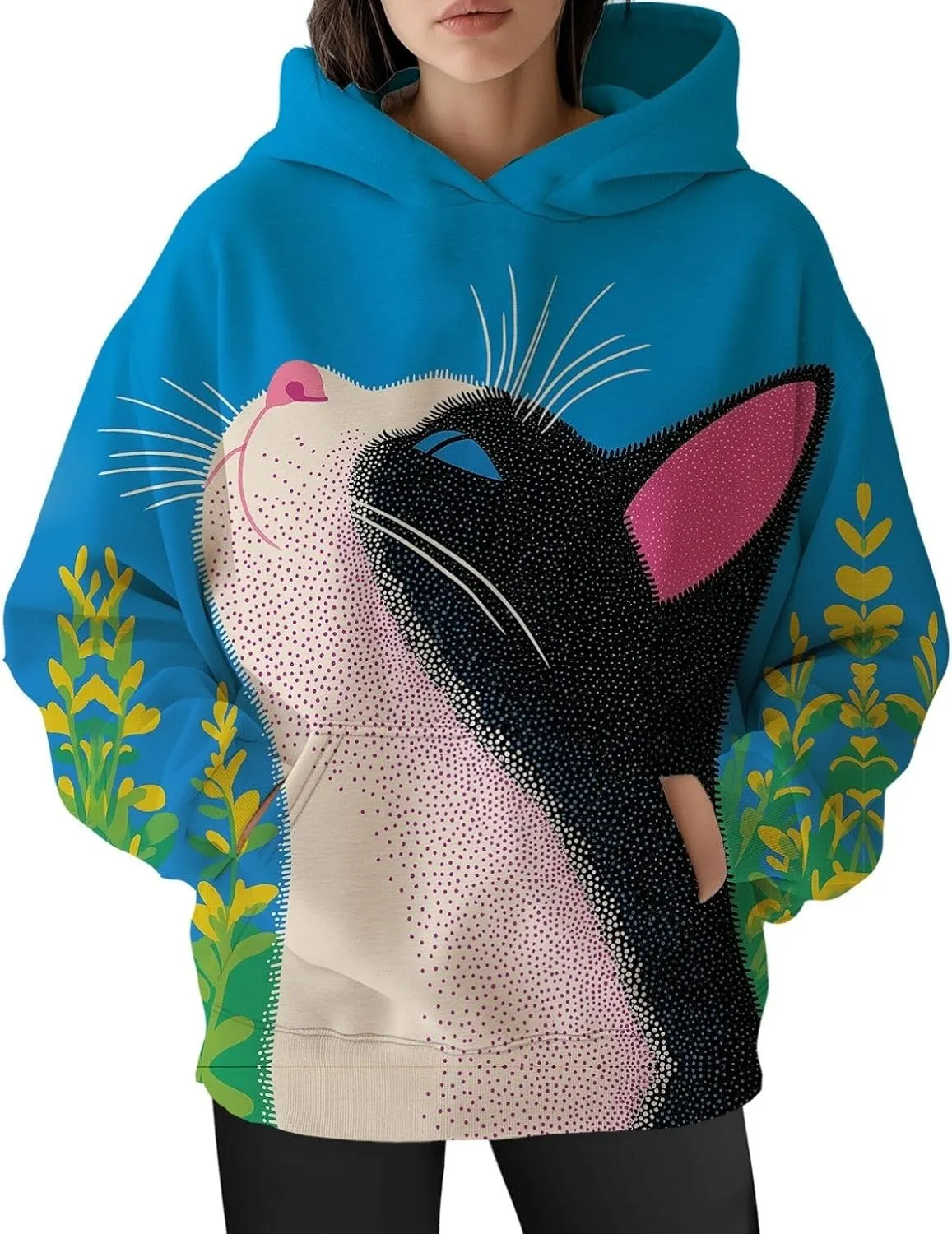 Womens Funny Cat Hoodies Oversized Cute Cat Lovers Printed Hooded Sweatshirt Y2K Fall Pullover Tops with Pockets