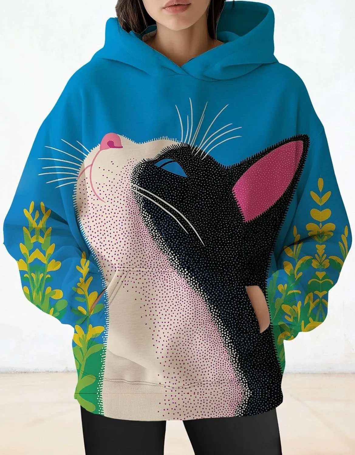 Womens Funny Cat Hoodies Oversized Cute Cat Lovers Printed Hooded Sweatshirt Y2K Fall Pullover Tops with Pockets