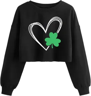 Women's Funny Clover Graphic Crop Sweatshirts St. Patrick's Day Lucky Shamrock Lantern Long Sleeve Pullover Tops