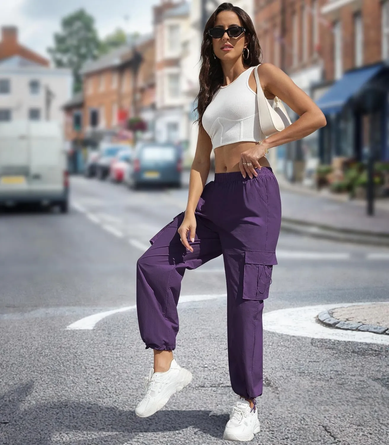 Women's High Waisted Cargo Pants Baggy Trendy Hiking Parachute Pants with Pockets Y2K Cargo Trousers Drawstring Ankles