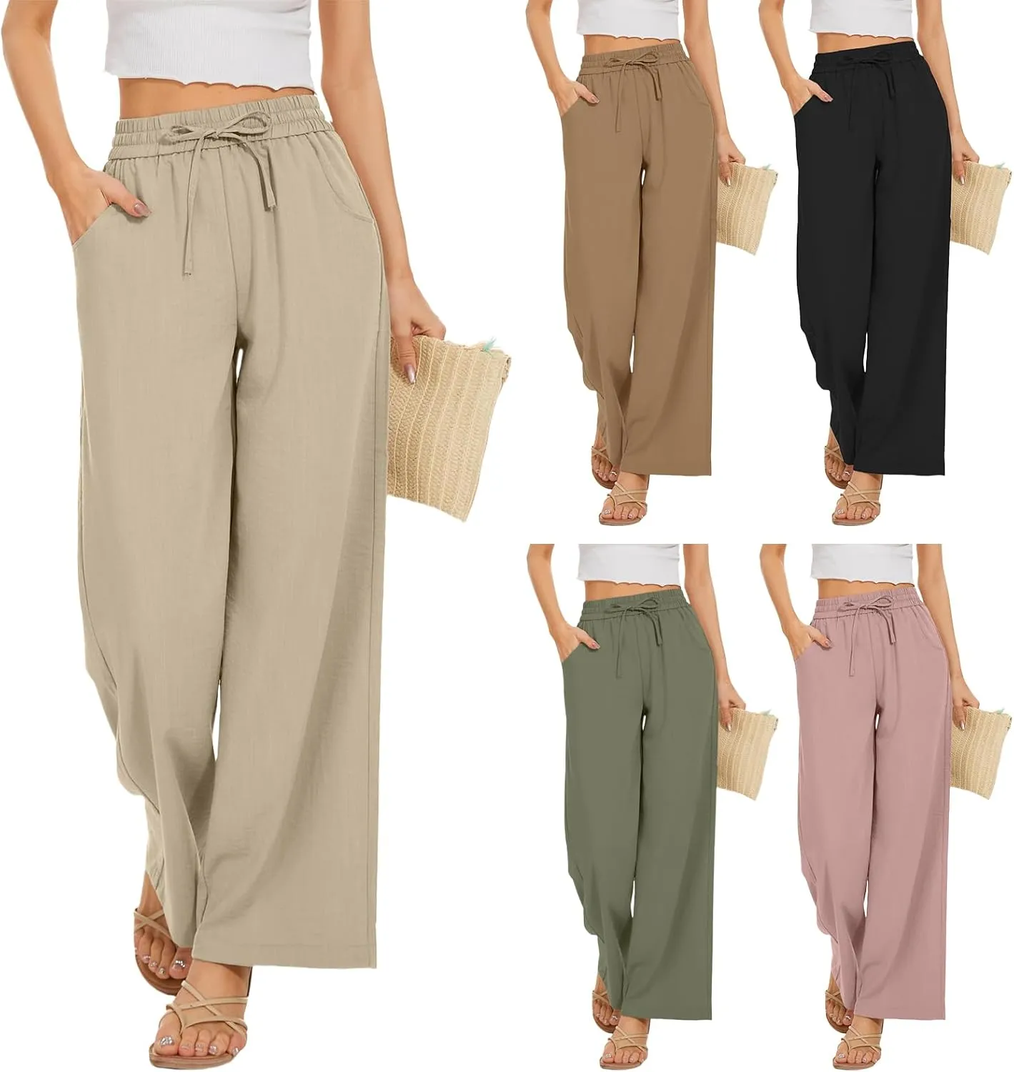 Womens High Waisted Linen Pants Casual Wide Leg Trousers with Pockets Drawstring Elastic Pants Summer 2025