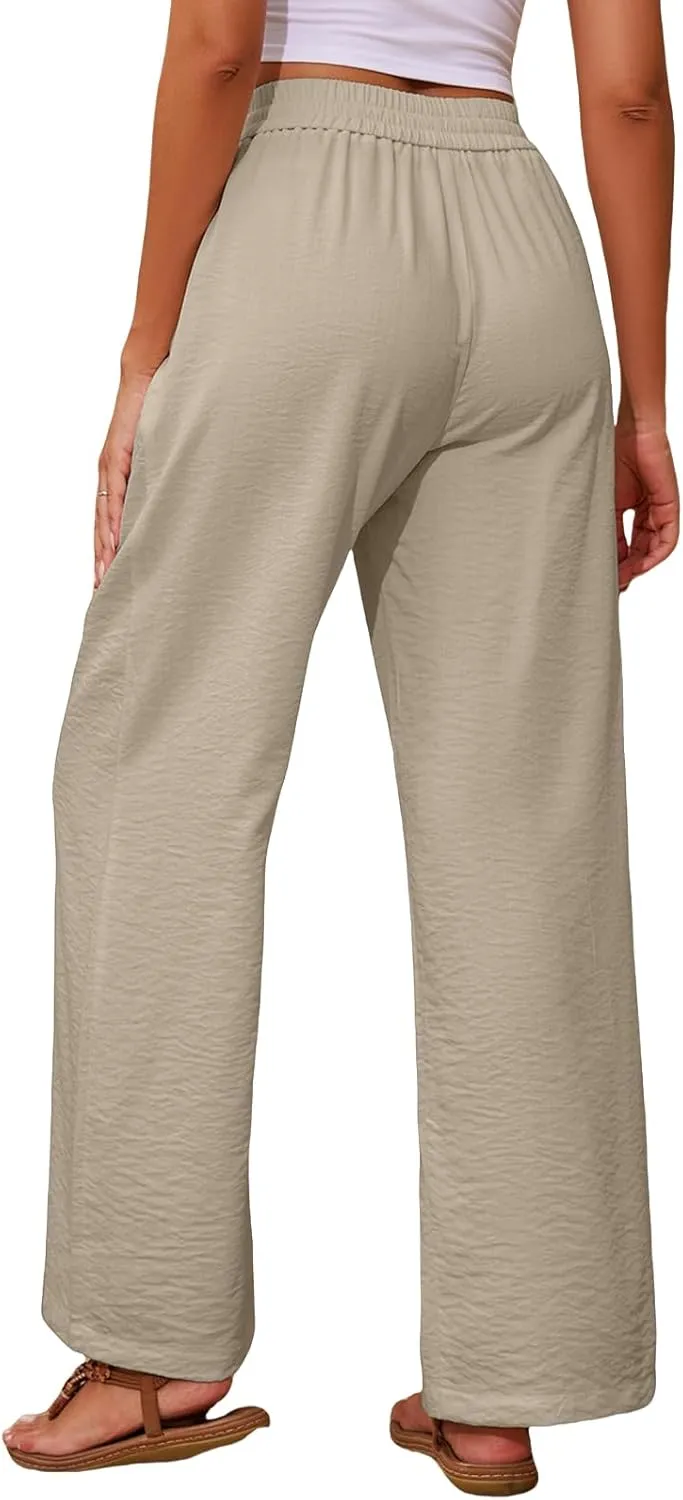 Womens High Waisted Linen Pants Casual Wide Leg Trousers with Pockets Drawstring Elastic Pants Summer 2025