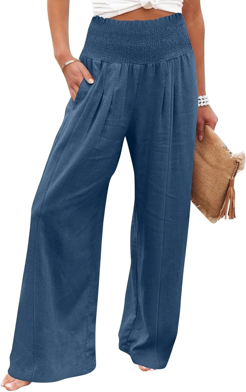 Womens Linen Blend Summer Palazzo Palazzo Pants Elastic Waisted Bootcut Slim-Fit Pants Trendy