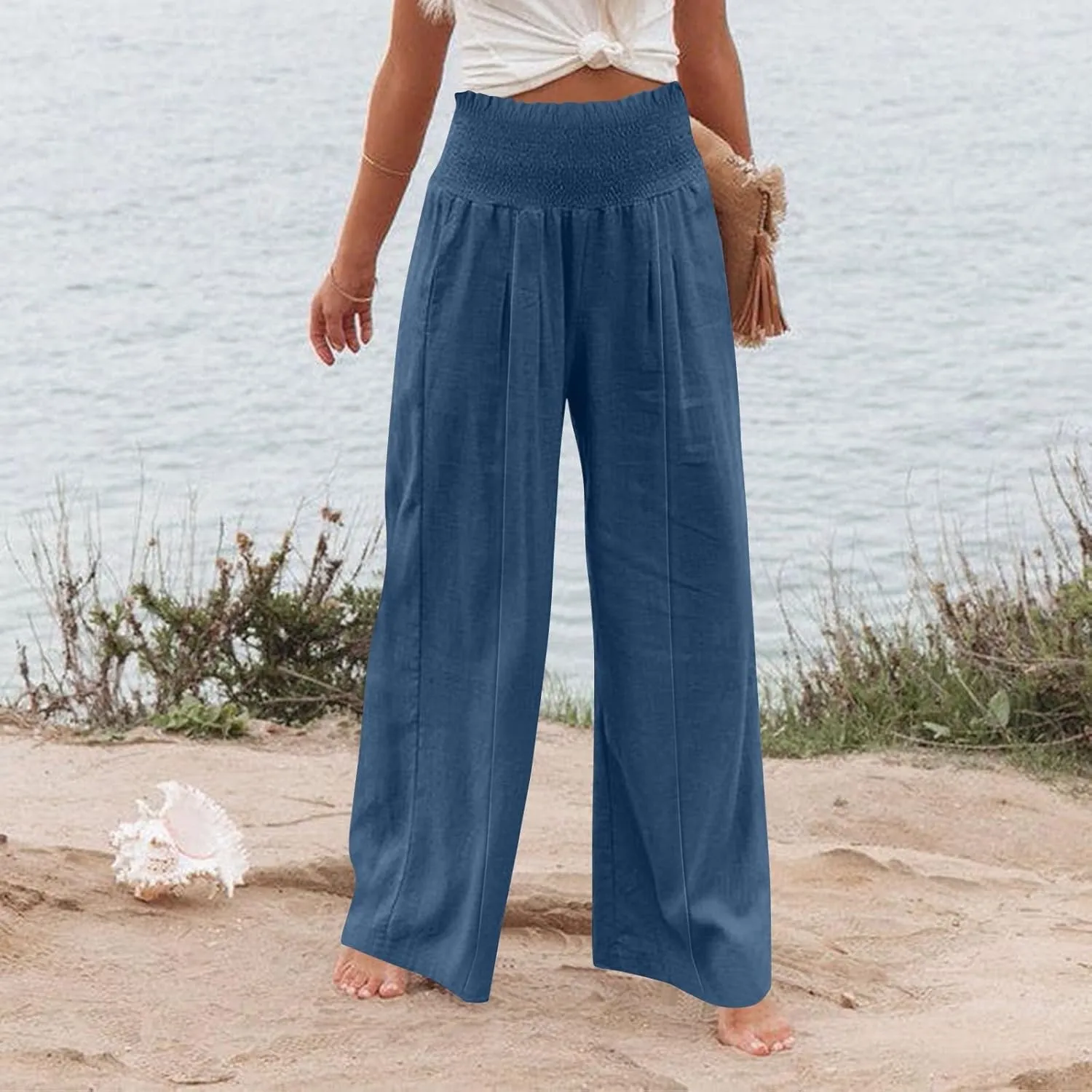 Womens Linen Blend Summer Palazzo Palazzo Pants Elastic Waisted Bootcut Slim-Fit Pants Trendy