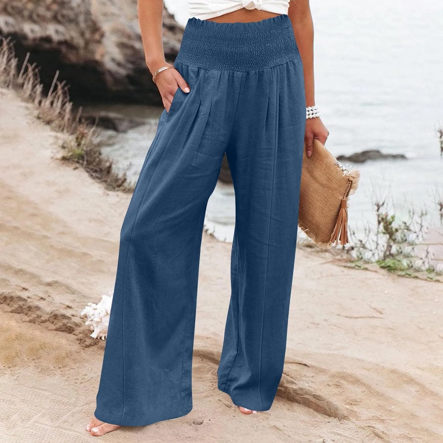 Womens Linen Blend Summer Palazzo Palazzo Pants Elastic Waisted Bootcut Slim-Fit Pants Trendy
