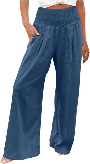 Womens Linen Blend Summer Palazzo Palazzo Pants Elastic Waisted Bootcut Slim-Fit Pants Trendy