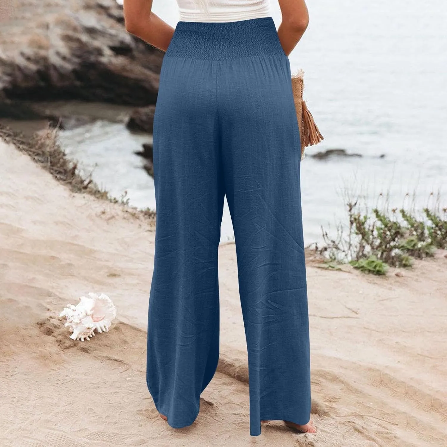 Womens Linen Blend Summer Palazzo Palazzo Pants Elastic Waisted Bootcut Slim-Fit Pants Trendy