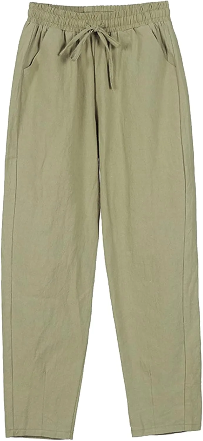 Women's Linen Blend Summer Palazzo Pant Trousers Low Waist Stretchy Slim Fit Palazzo Pants Trendy