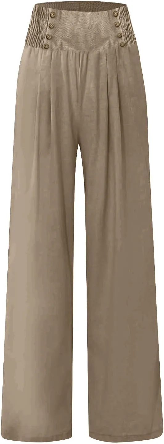 Womens Linen Blend Summer Print Palazzo Pants Low Waist Ankle Length Loose Fit Trouser Business Work