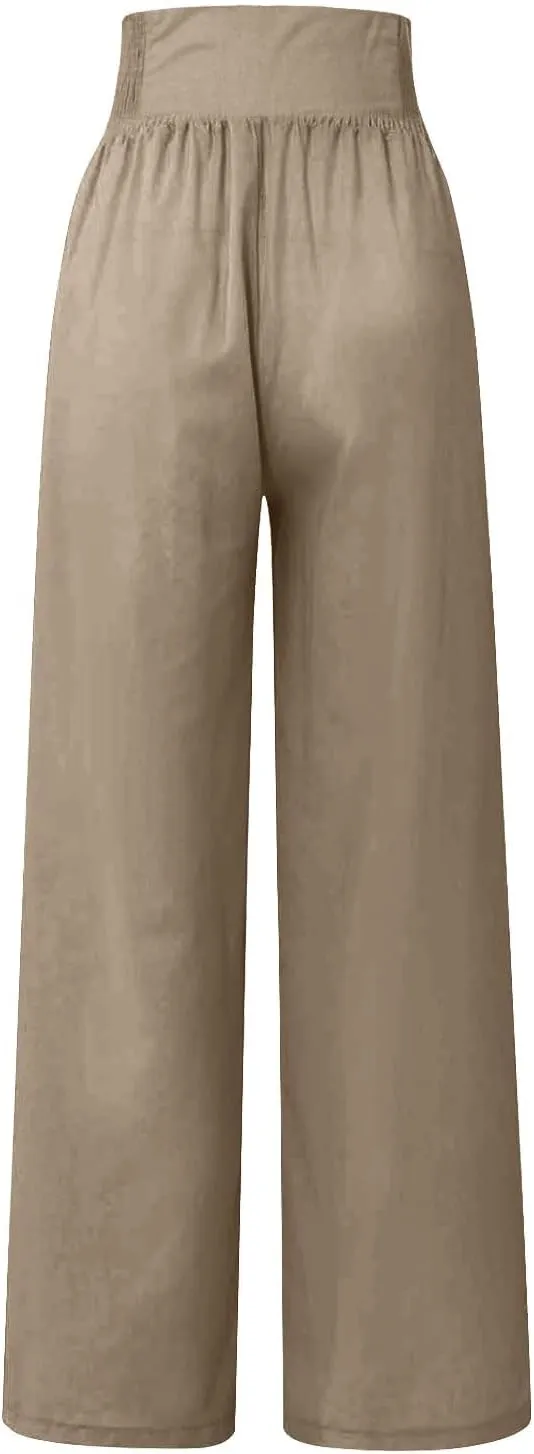 Womens Linen Blend Summer Print Palazzo Pants Low Waist Ankle Length Loose Fit Trouser Business Work