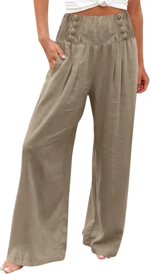 Womens Linen Blend Summer Print Palazzo Pants Low Waist Ankle Length Loose Fit Trouser Business Work