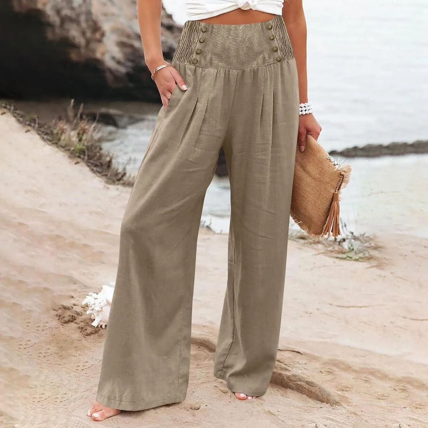 Womens Linen Blend Summer Print Palazzo Pants Low Waist Ankle Length Loose Fit Trouser Business Work