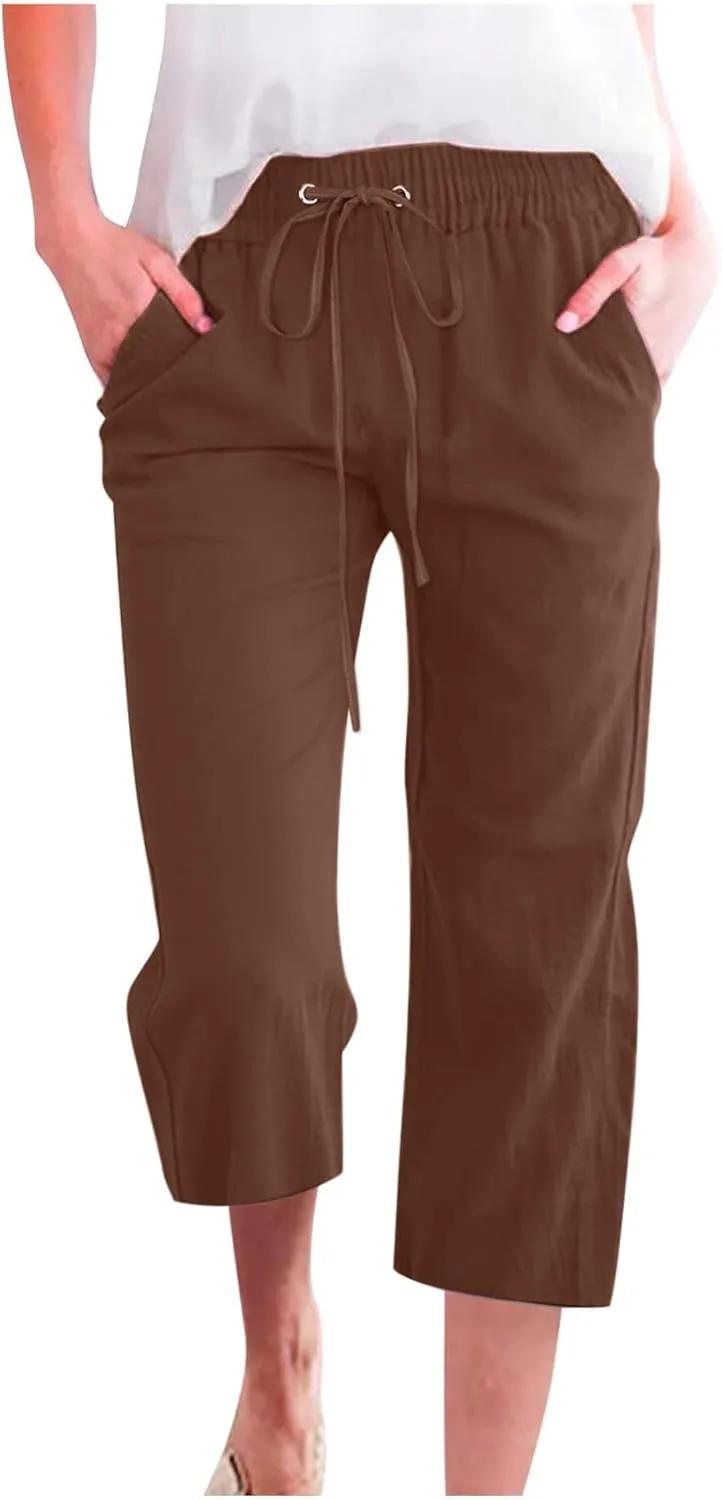 Women's Linen Pants Casual Summer Capris Loose Fit Lightweight Drawstring Waisted Cropped Pants with Pockets