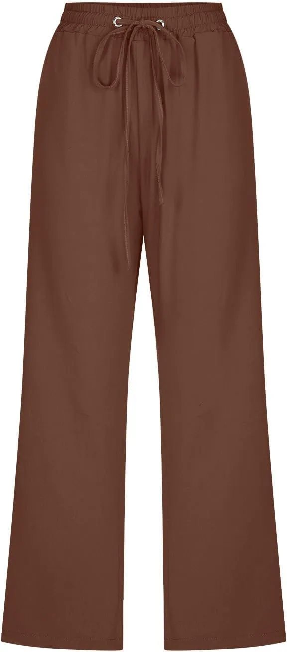Women's Linen Pants Casual Summer Capris Loose Fit Lightweight Drawstring Waisted Cropped Pants with Pockets