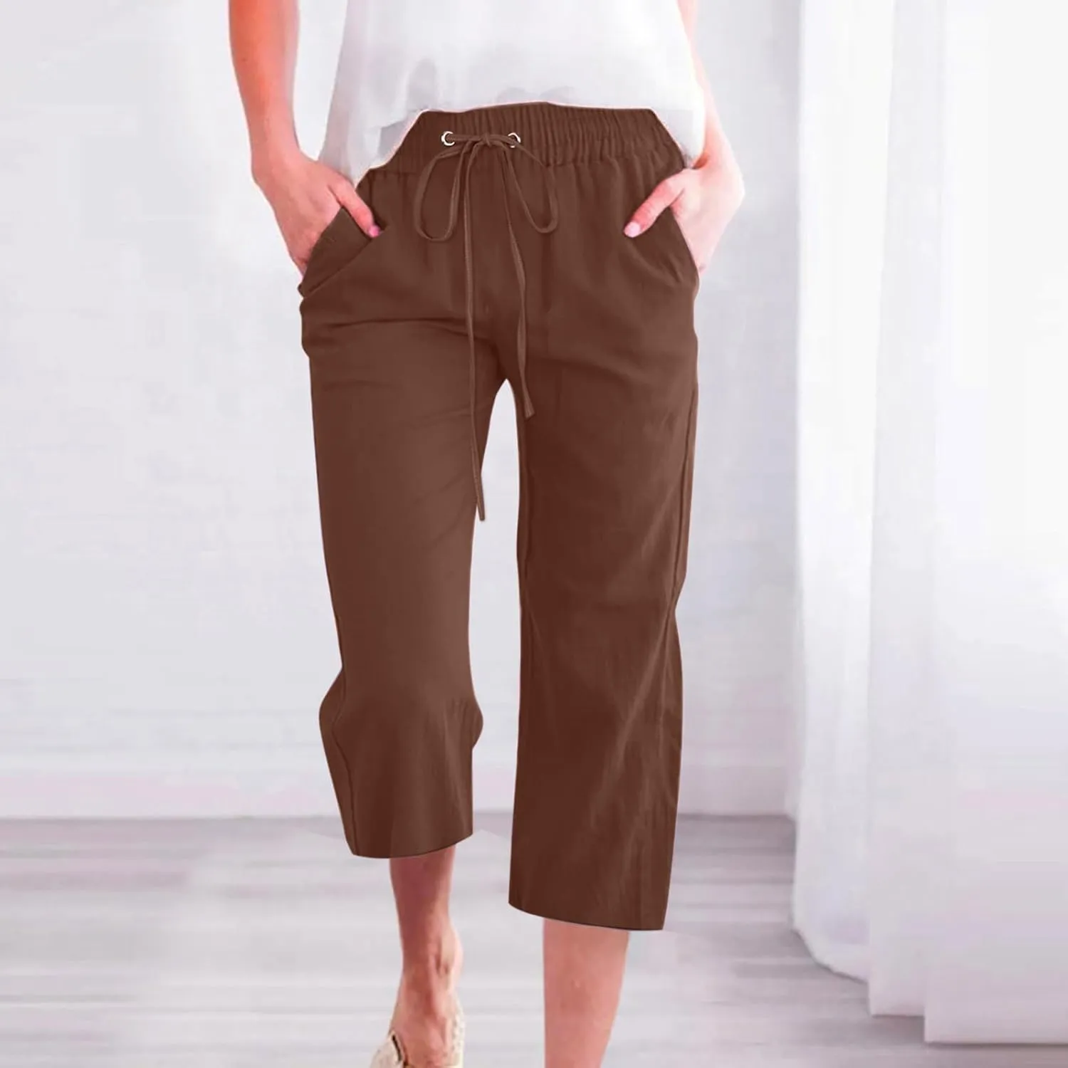 Women's Linen Pants Casual Summer Capris Loose Fit Lightweight Drawstring Waisted Cropped Pants with Pockets