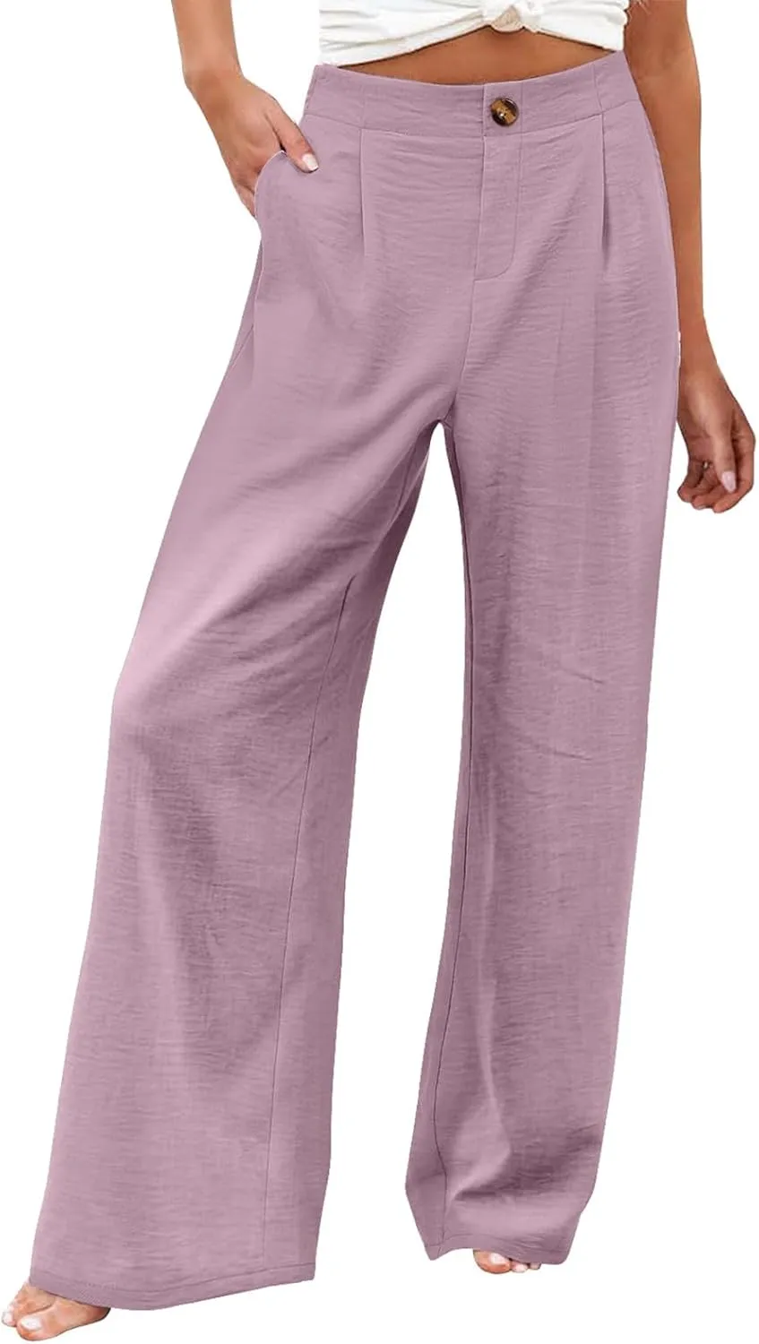 Womens Linen Pants Lounge Baggy Flowy Beach Pants Elastic High Waisted Pleated Wide Leg Trousers with Pockets