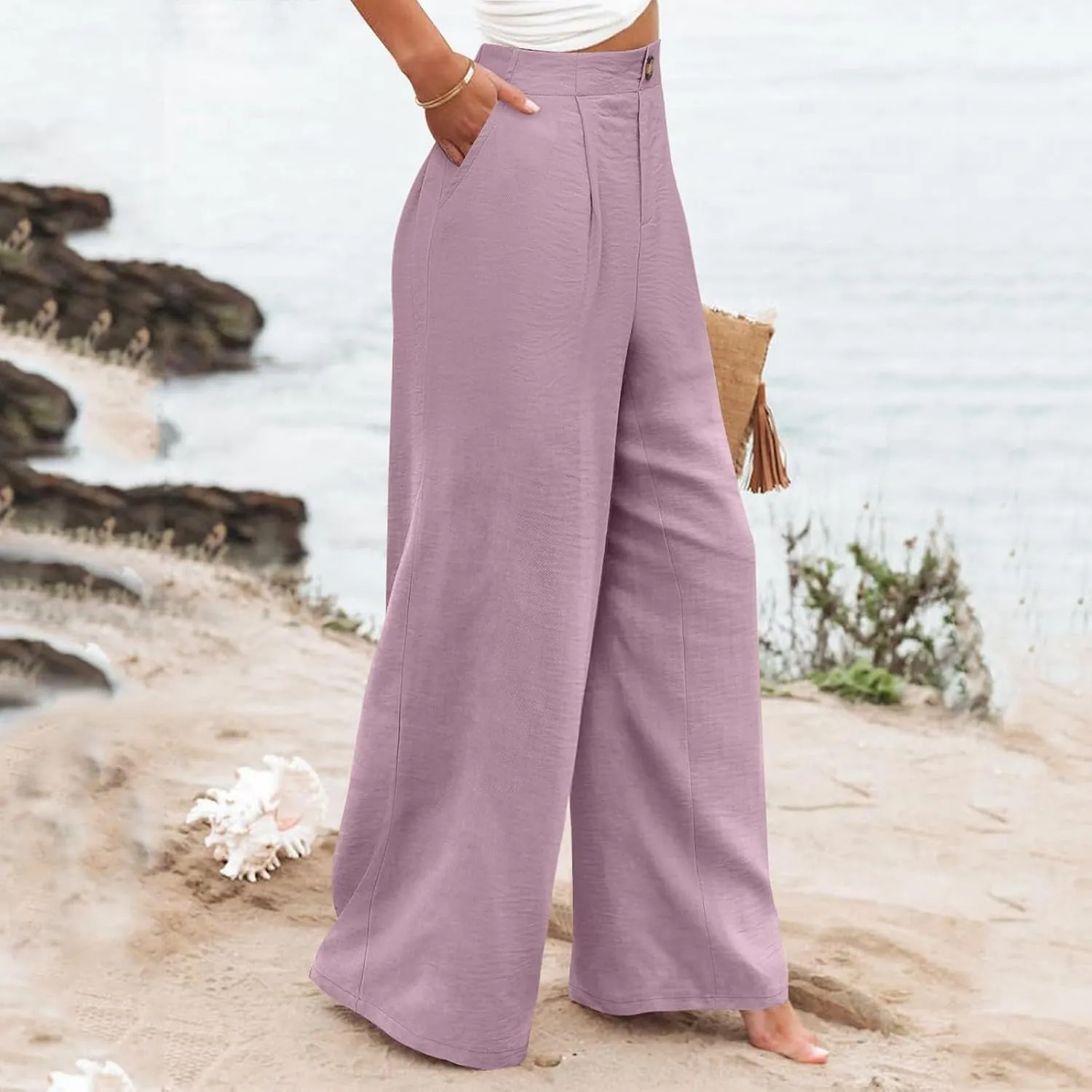 Womens Linen Pants Lounge Baggy Flowy Beach Pants Elastic High Waisted Pleated Wide Leg Trousers with Pockets