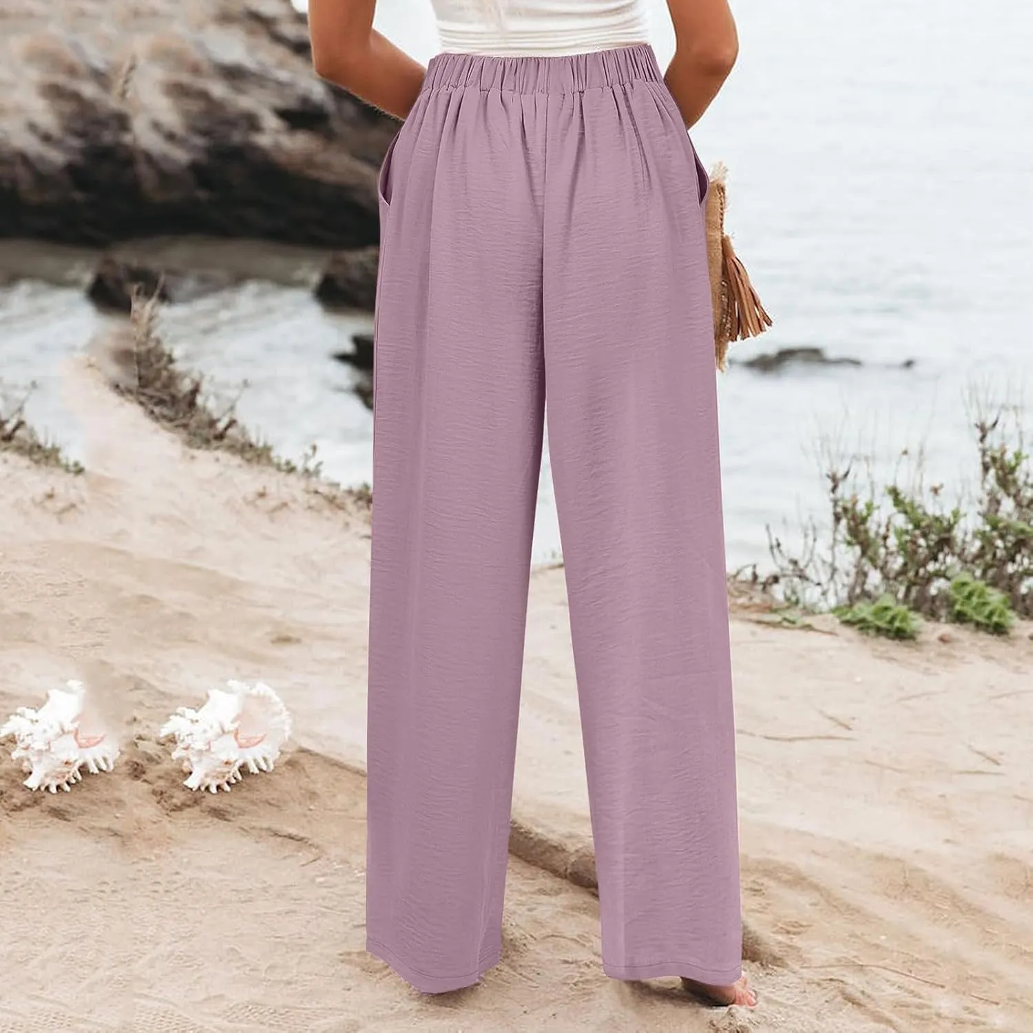 Womens Linen Pants Lounge Baggy Flowy Beach Pants Elastic High Waisted Pleated Wide Leg Trousers with Pockets