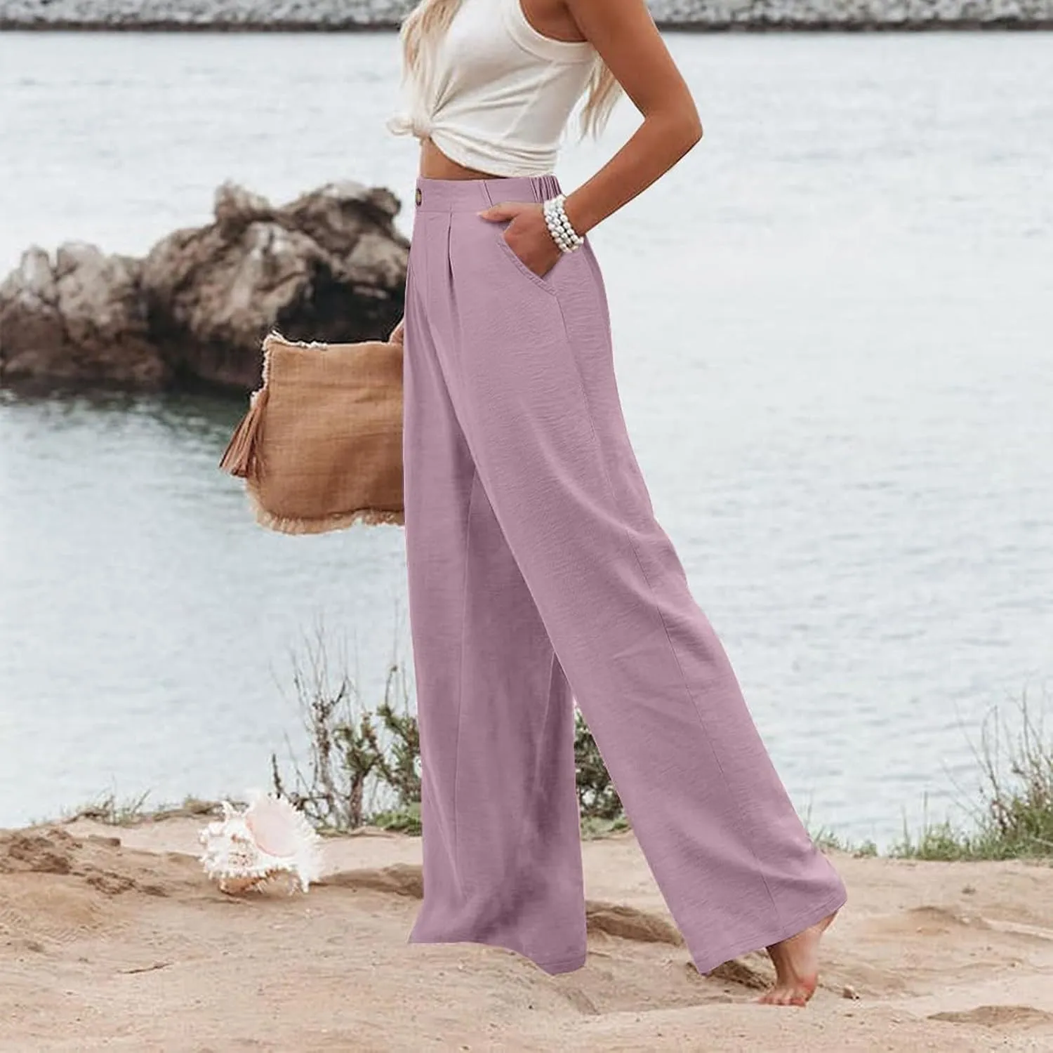 Womens Linen Pants Lounge Baggy Flowy Beach Pants Elastic High Waisted Pleated Wide Leg Trousers with Pockets
