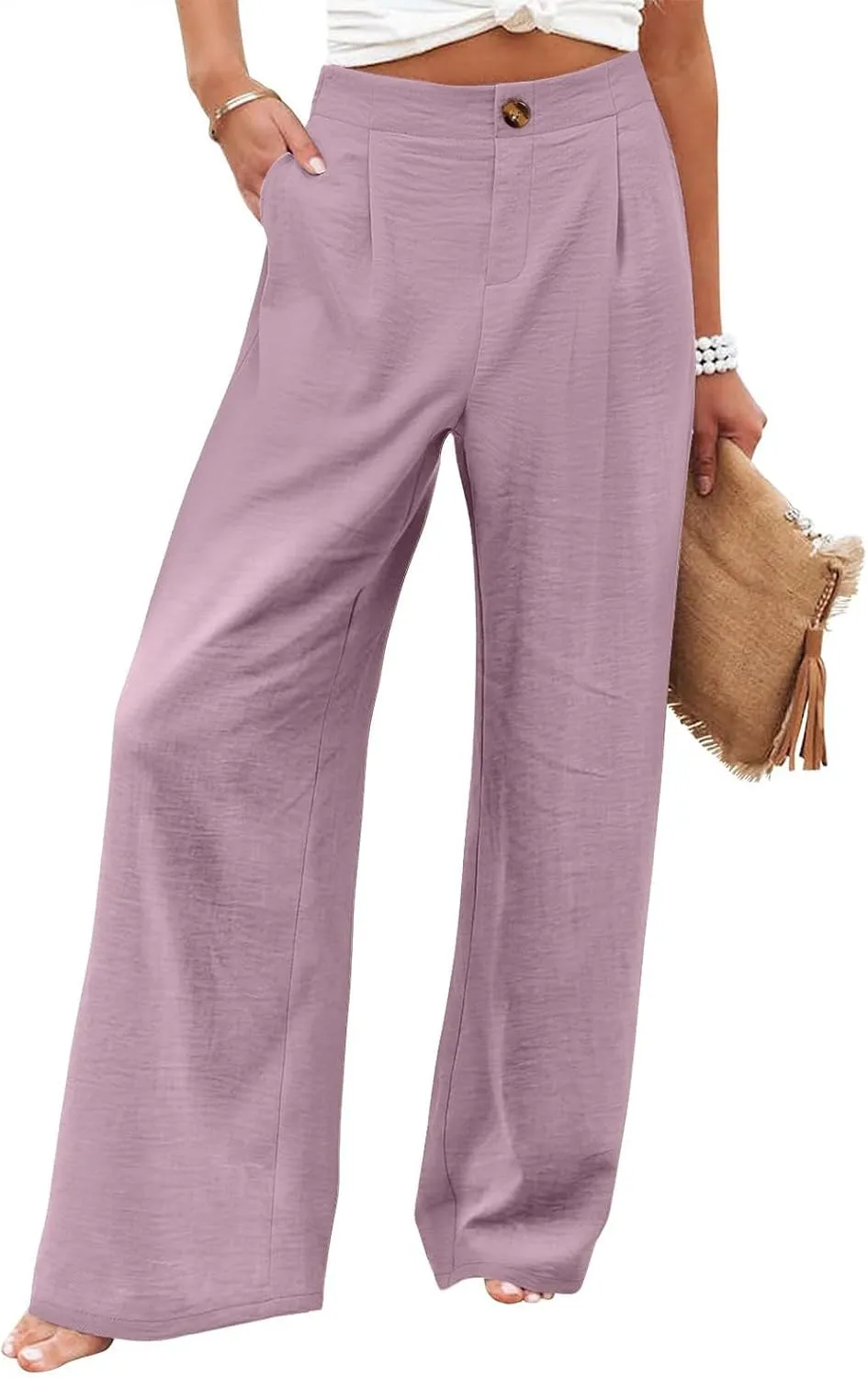 Womens Linen Pants Lounge Baggy Flowy Beach Pants Elastic High Waisted Pleated Wide Leg Trousers with Pockets