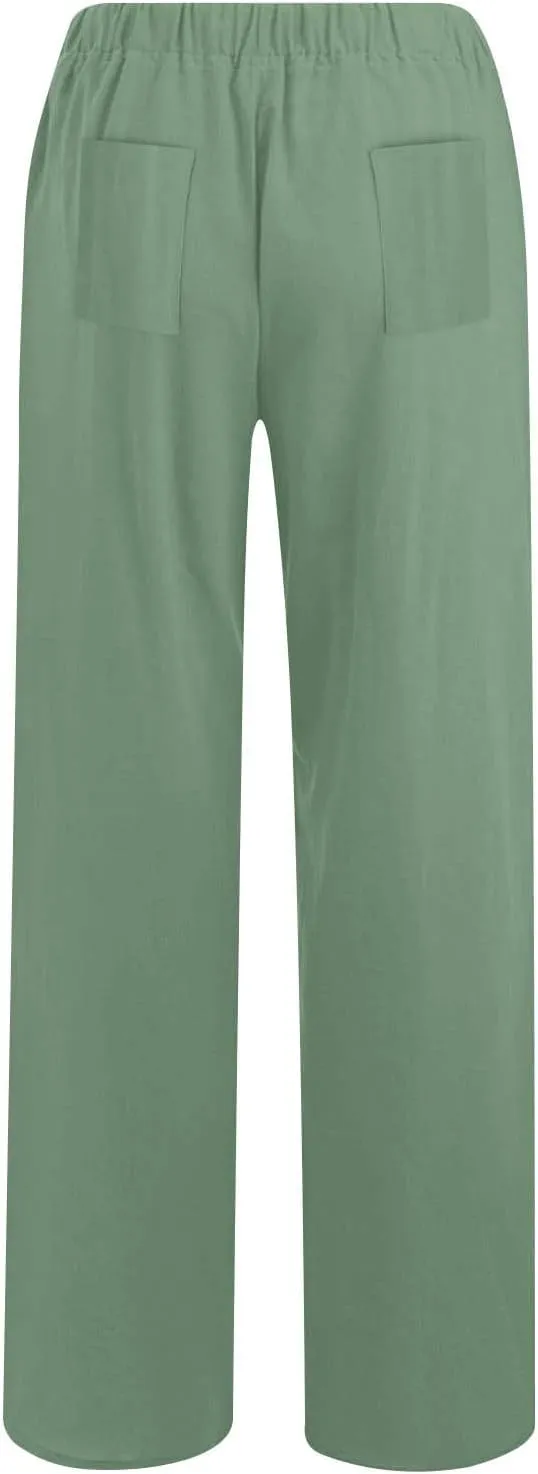 Womens Linen Pants Straight Leg Plus Size High Waisted Linen Pants Women Casual Beach Trousers with Pockets