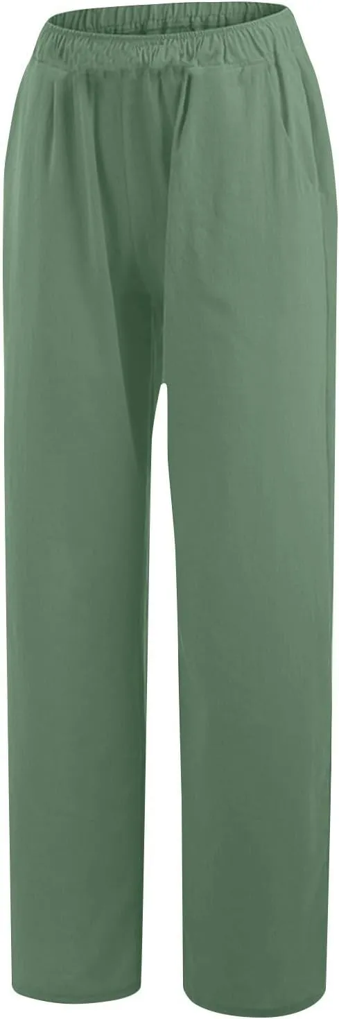 Womens Linen Pants Straight Leg Plus Size High Waisted Linen Pants Women Casual Beach Trousers with Pockets