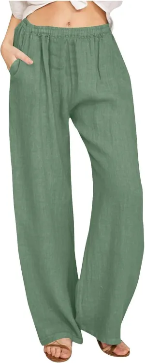 Womens Linen Pants Straight Leg Plus Size High Waisted Linen Pants Women Casual Beach Trousers with Pockets