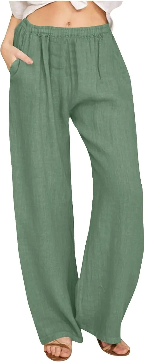 Womens Linen Pants Straight Leg Plus Size High Waisted Linen Pants Women Casual Beach Trousers with Pockets