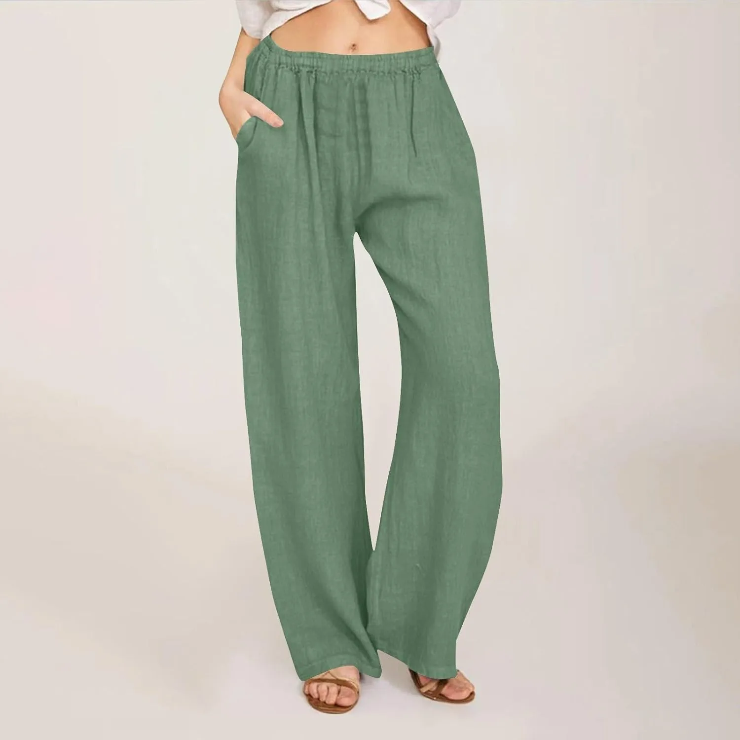 Womens Linen Pants Straight Leg Plus Size High Waisted Linen Pants Women Casual Beach Trousers with Pockets