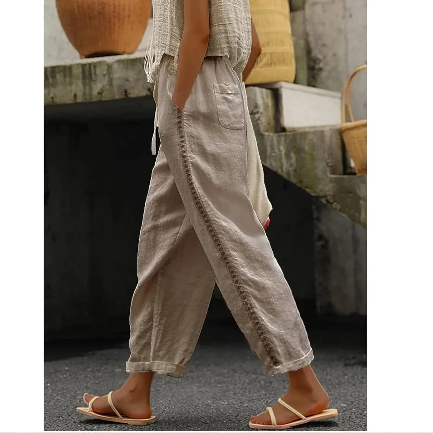 Womens Linen Pants Summer Plus Size Casual Cotton Linen Pants Drawstring Elastic Waist Cropped Trouser with Pockets