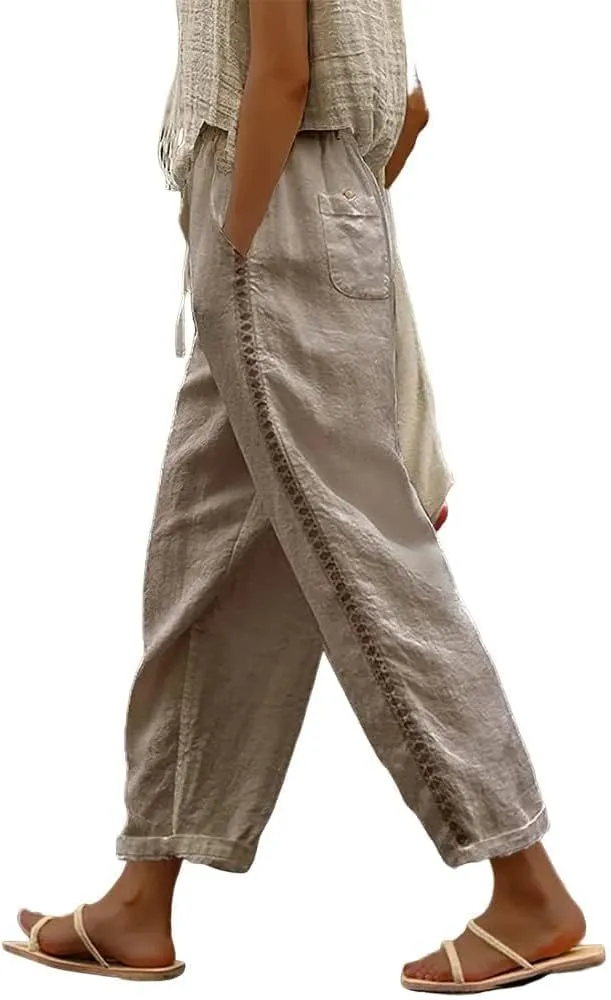 Womens Linen Pants Summer Plus Size Casual Cotton Linen Pants Drawstring Elastic Waist Cropped Trouser with Pockets