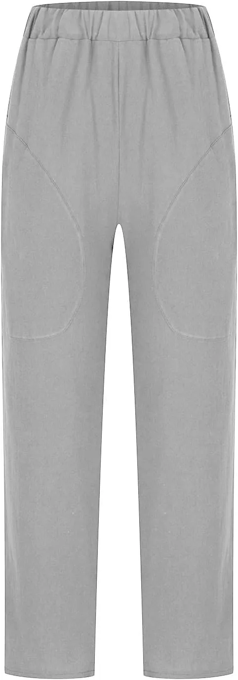 Womens Linen Straight Leg Pants Plus Size Elastic High Waisted Lounge Comfy Pant Loose Fit Casual Trouser with Pocket