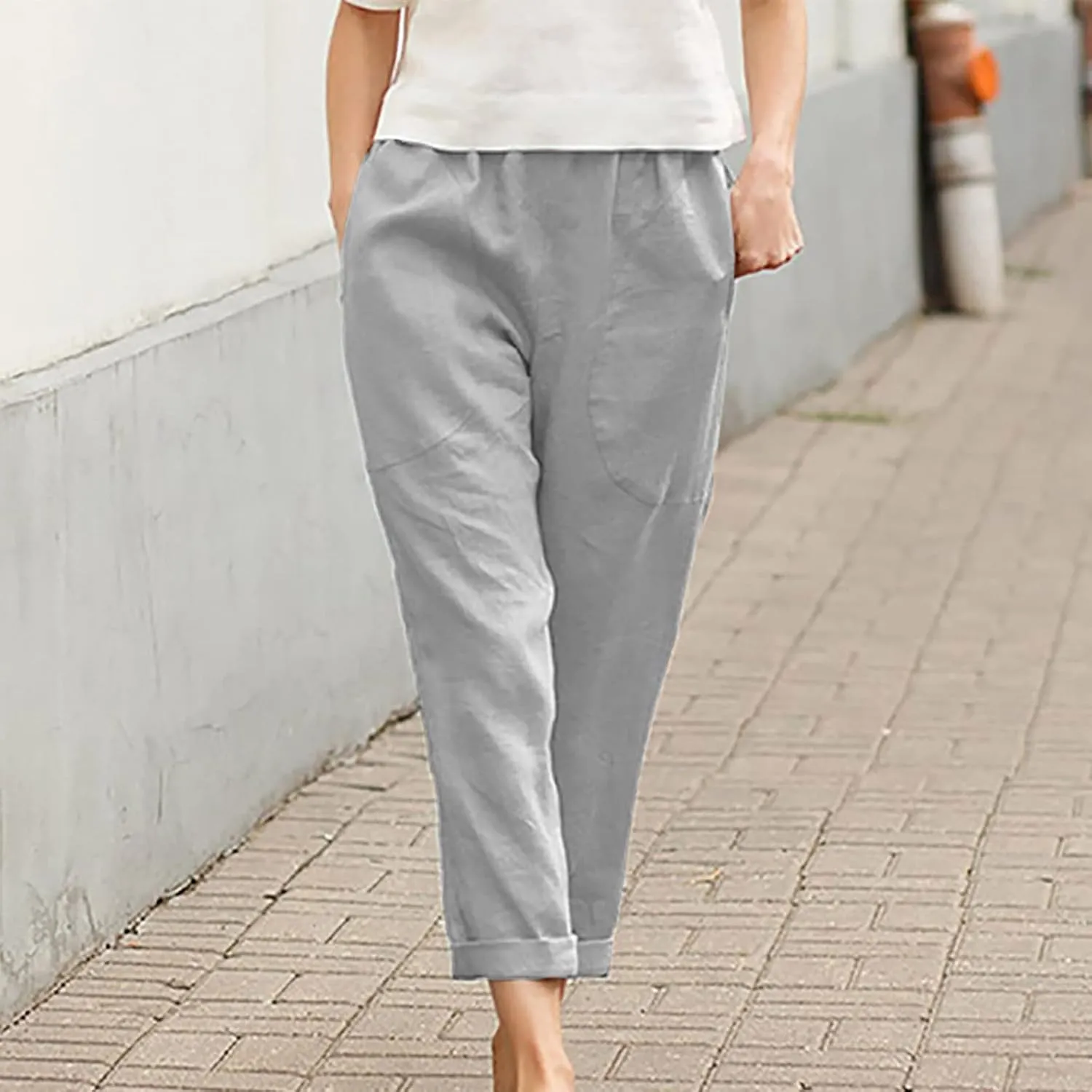 Womens Linen Straight Leg Pants Plus Size Elastic High Waisted Lounge Comfy Pant Loose Fit Casual Trouser with Pocket