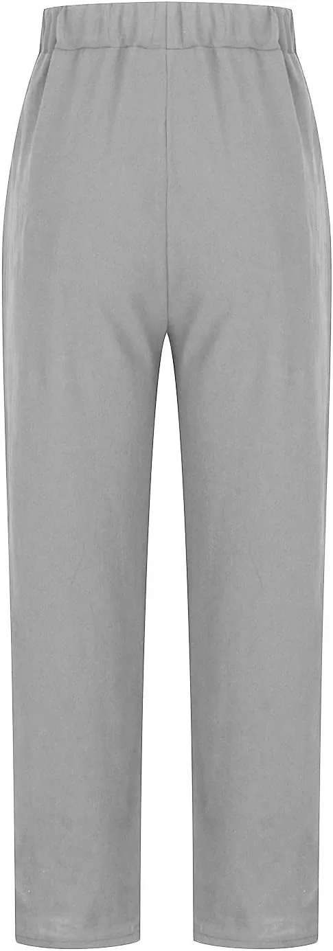 Womens Linen Straight Leg Pants Plus Size Elastic High Waisted Lounge Comfy Pant Loose Fit Casual Trouser with Pocket