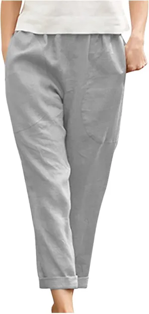 Womens Linen Straight Leg Pants Plus Size Elastic High Waisted Lounge Comfy Pant Loose Fit Casual Trouser with Pocket