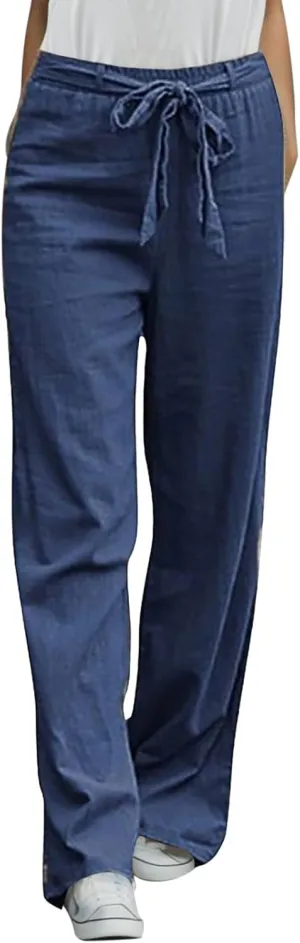 Womens Linen Summer Letter Patched Palazzo Pants High Waist Wide Leg Plus Size Palazzo Lounge Pants Vacation