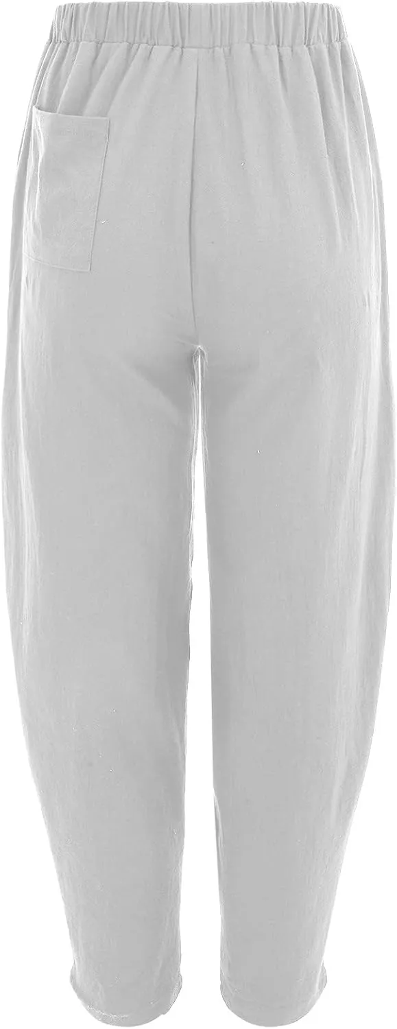 Women's Linen Summer Striped Pants Elastic Waisted Long Lounge Loose Fit Palazzo Lounge Pants Vacation