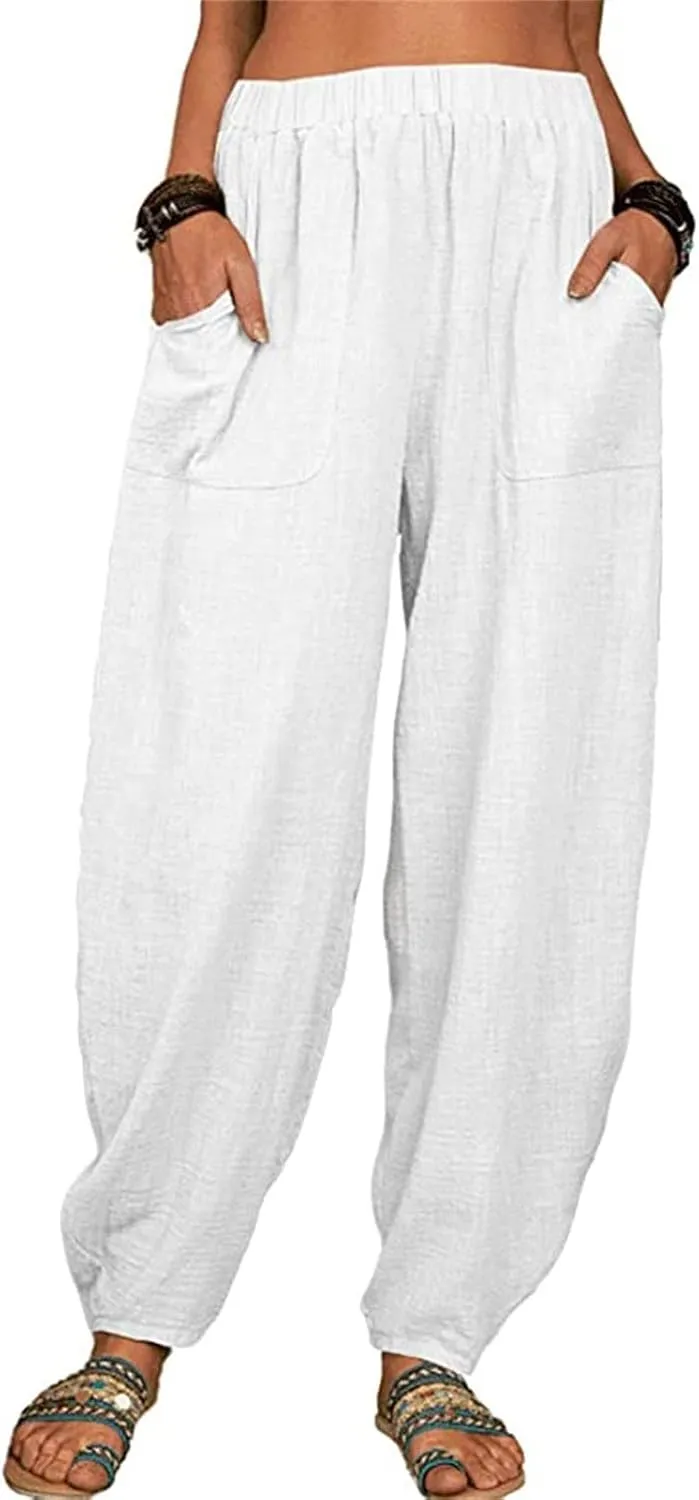 Women's Linen Summer Striped Pants Elastic Waisted Long Lounge Loose Fit Palazzo Lounge Pants Vacation