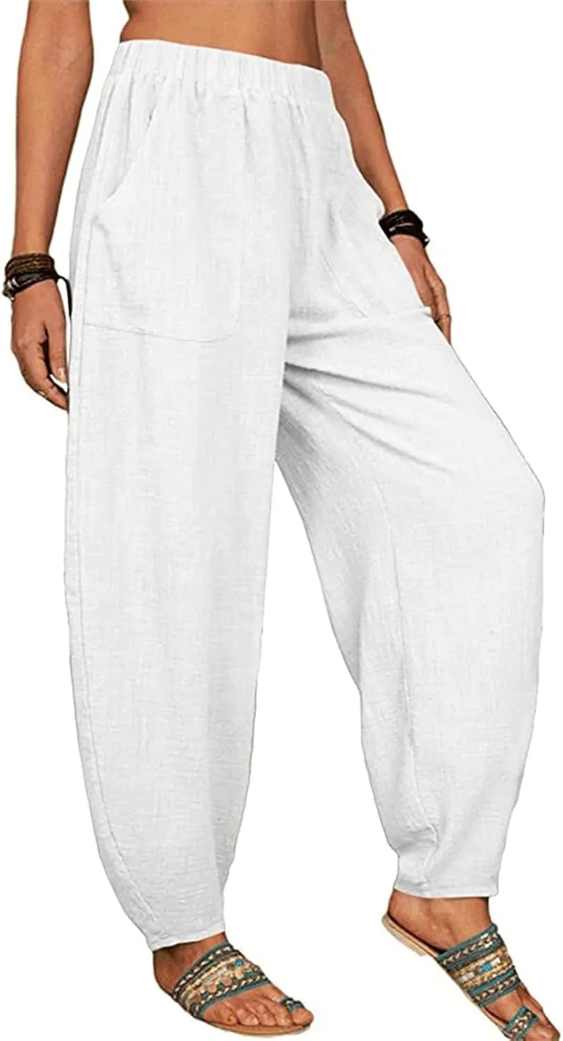 Women's Linen Summer Striped Pants Elastic Waisted Long Lounge Loose Fit Palazzo Lounge Pants Vacation