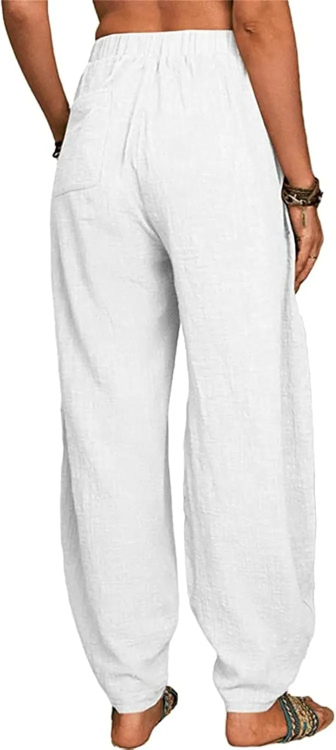 Women's Linen Summer Striped Pants Elastic Waisted Long Lounge Loose Fit Palazzo Lounge Pants Vacation