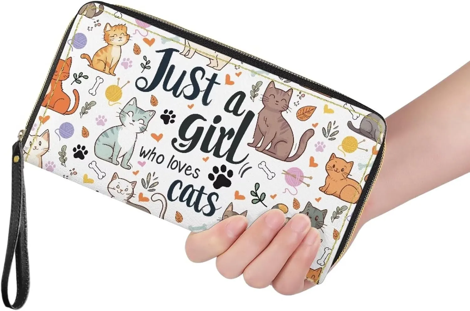 Women's Long Wallet with Wristlet Large Capacity Metal Zipper Phone Wallet Cute Cat -Just A Girl Who Loves Cats Print PU Leather Card Holder Organizer Ladies Travel Purse for Cash,Coin