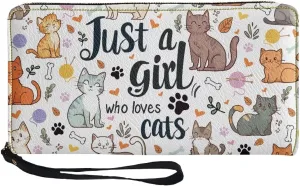 Women's Long Wallet with Wristlet Large Capacity Metal Zipper Phone Wallet Cute Cat -Just A Girl Who Loves Cats Print PU Leather Card Holder Organizer Ladies Travel Purse for Cash,Coin