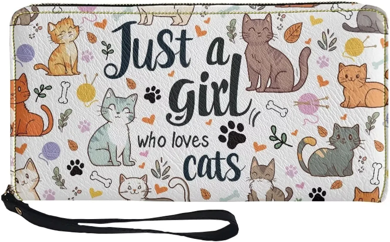 Women's Long Wallet with Wristlet Large Capacity Metal Zipper Phone Wallet Cute Cat -Just A Girl Who Loves Cats Print PU Leather Card Holder Organizer Ladies Travel Purse for Cash,Coin