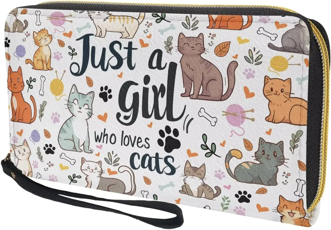 Women's Long Wallet with Wristlet Large Capacity Metal Zipper Phone Wallet Cute Cat -Just A Girl Who Loves Cats Print PU Leather Card Holder Organizer Ladies Travel Purse for Cash,Coin