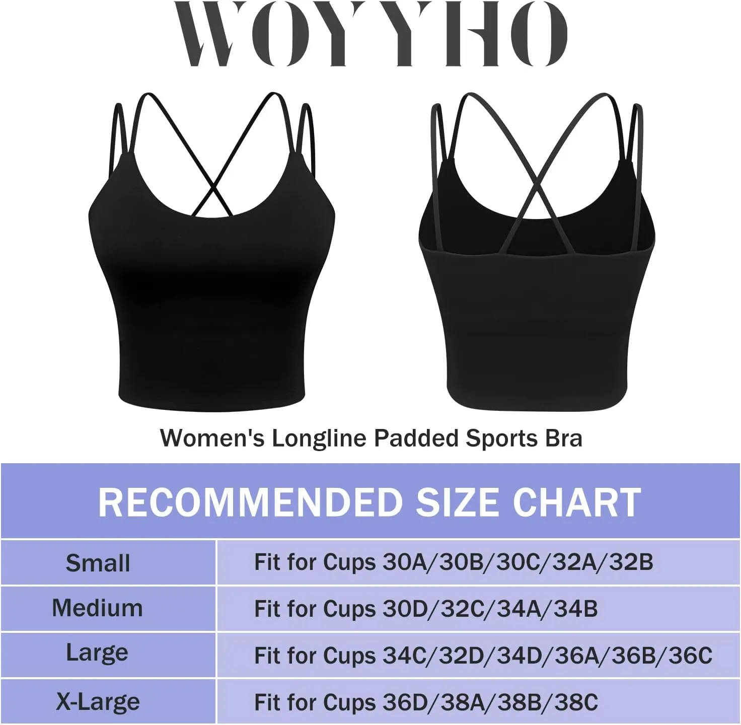 Women's Longline Sports Bra Padded Strappy Yoga Bra Fitness Running Workout Crop Tank Top2pack