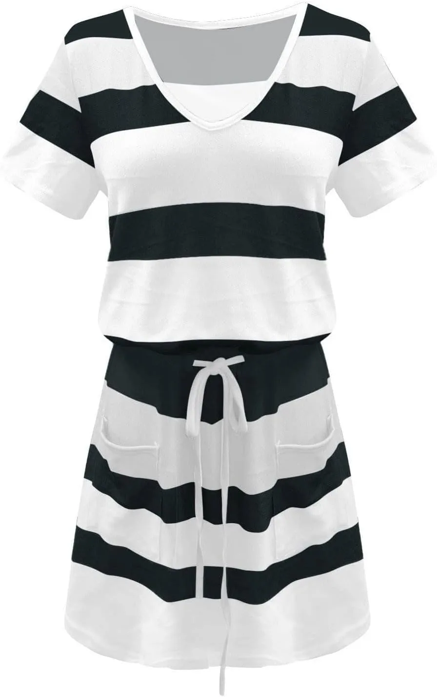 Women's Mini Dresses Summer Short Sleeve V Neck Tops Dress Elastic Waist Drawstring Dress Casual Striped Dresses