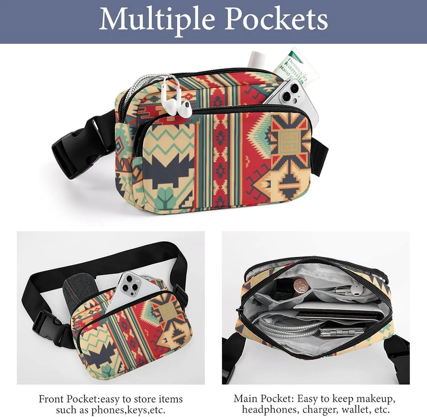 Womens Multi-Function Crossbody Bag Fanny Pack Compatible with Southwestern Aztec Native American Decoration for Workout/Travel/Hiking