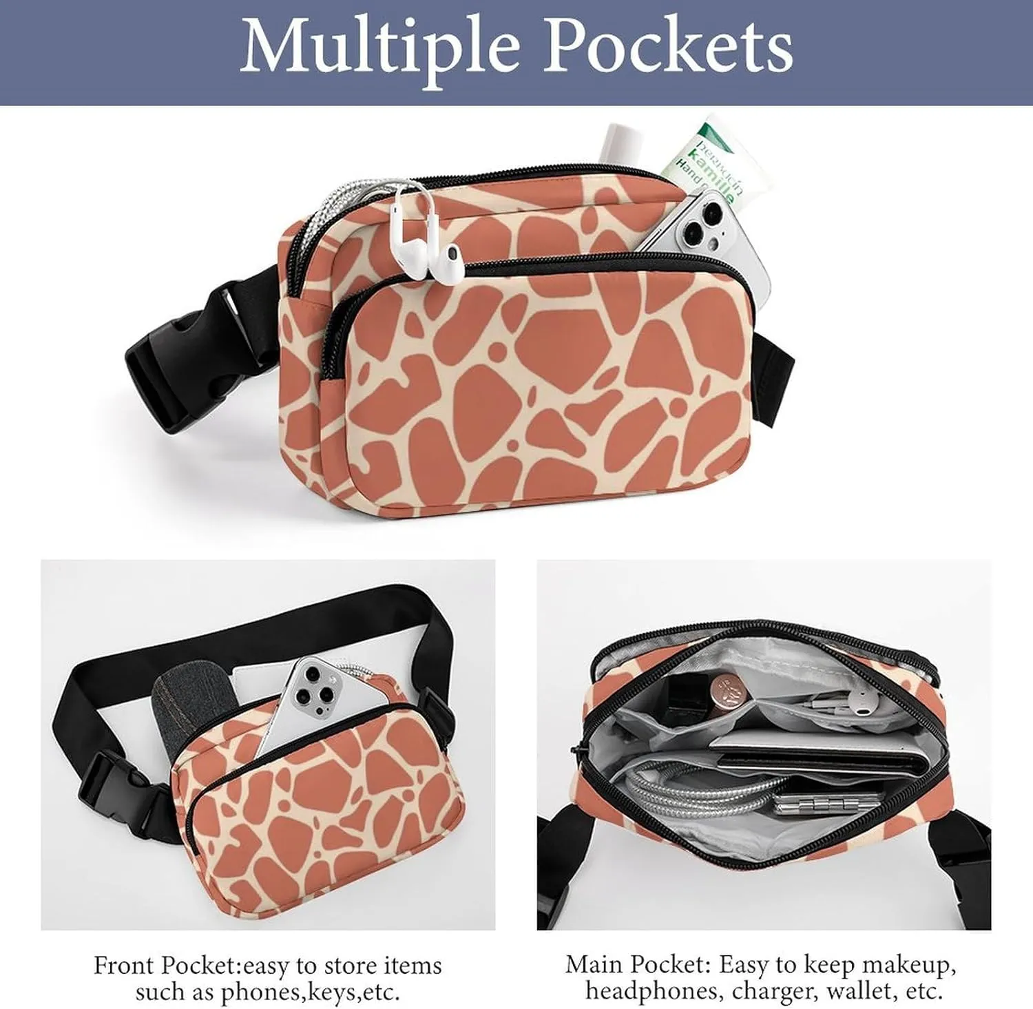 Womens Outdoor Sports Fanny Pack Waterproof Belt Bag Compatible with Giraffe Skin Texture for Hiking/Cycling/Running