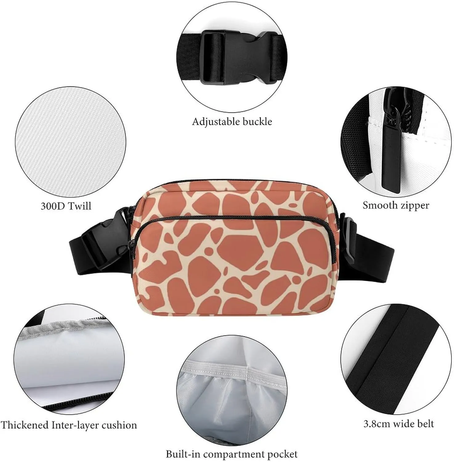 Womens Outdoor Sports Fanny Pack Waterproof Belt Bag Compatible with Giraffe Skin Texture for Hiking/Cycling/Running